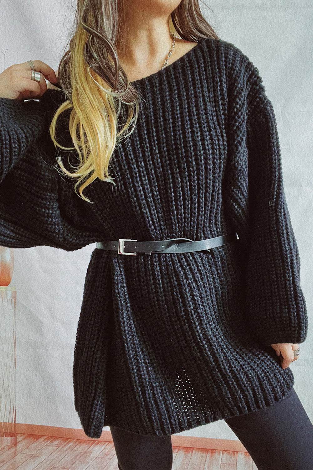 Boat Neck Dropped Shoulder Mini Sweater Dress - Delanoir