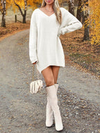 V-Neck Dropped Shoulder Sweater Dress - Delanoir