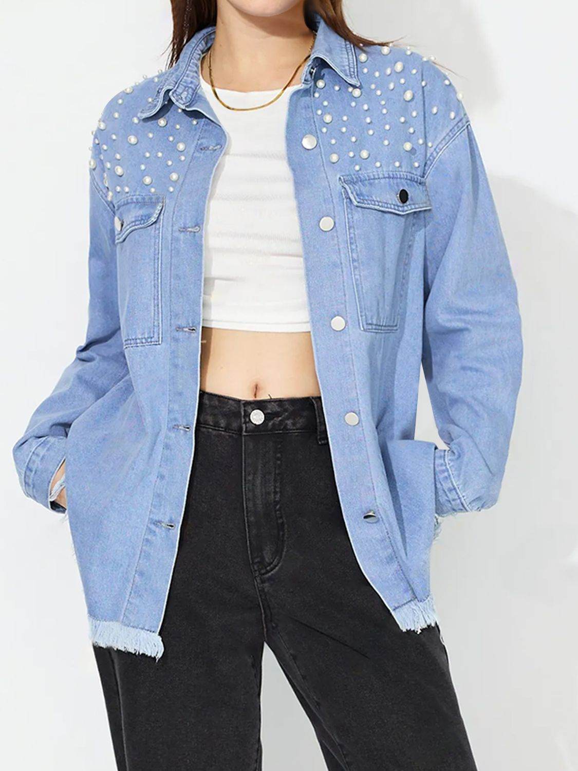 Raw Hem Pearl Trim Collared Neck Denim Top - Delanoir