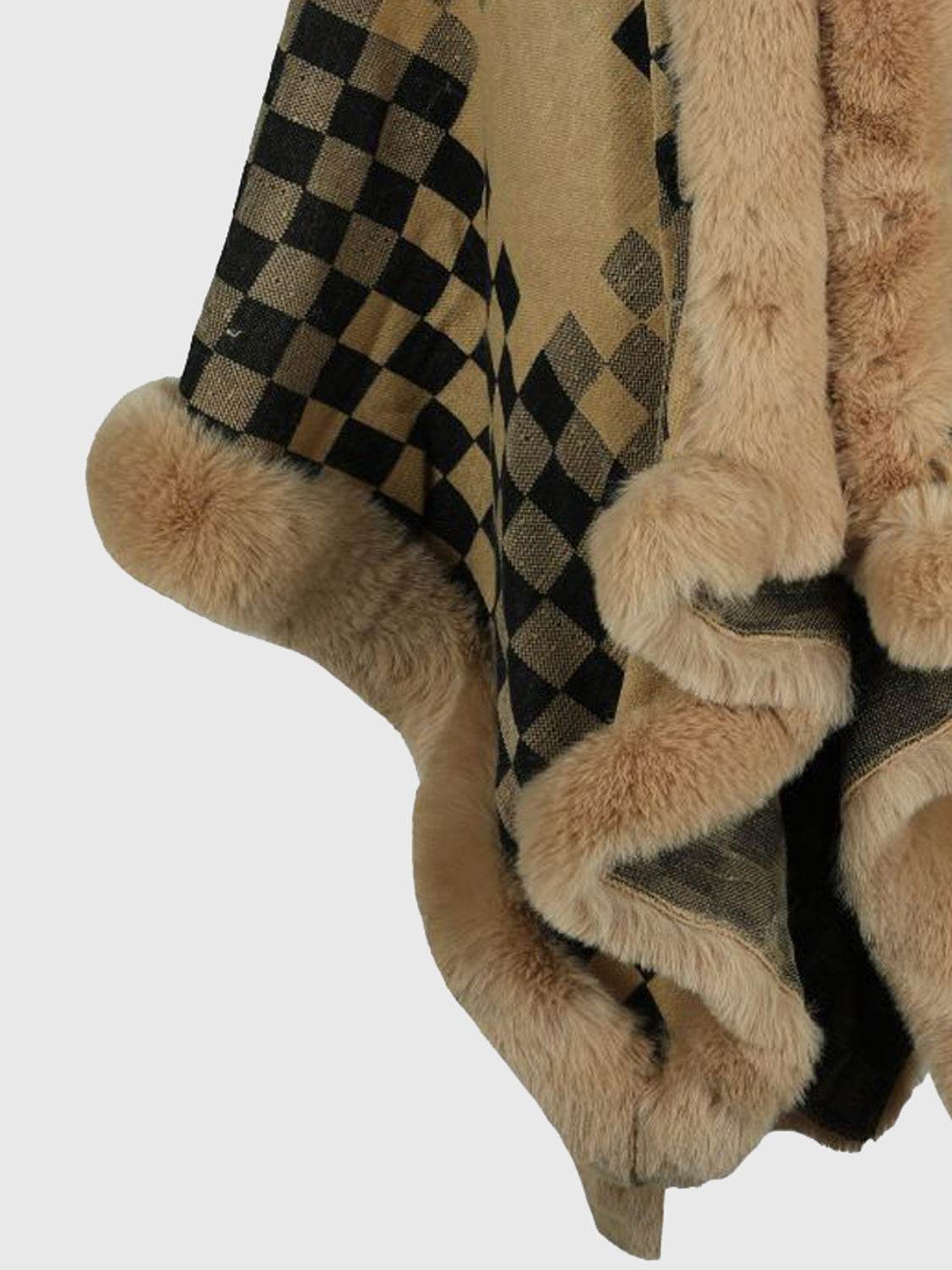 Checkered Faux Fur Trim Poncho - Delanoir
