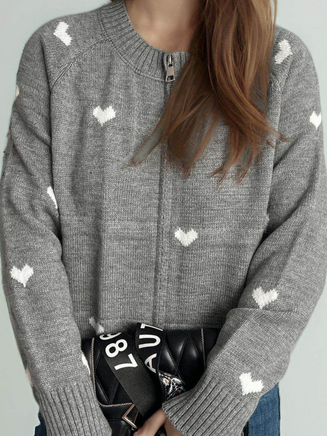 Heart Round Neck Zip Up Cardigan - Delanoir