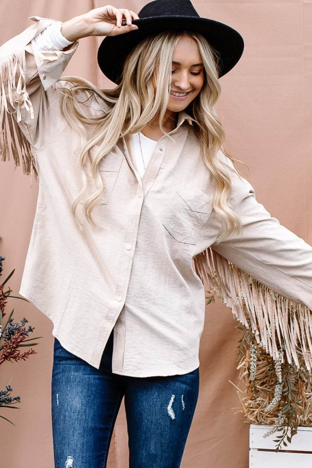 And The Why Full Size Fringe Back Detailed Button Down Shacket - Delanoir