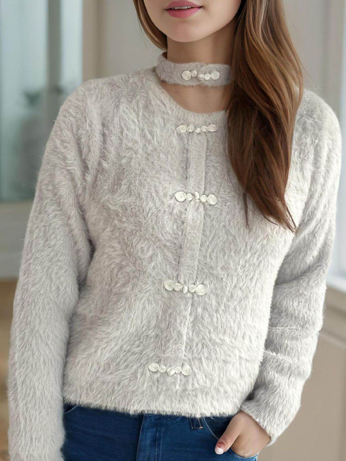 Cutout Knot Button Long Sleeve Cardigan - Delanoir