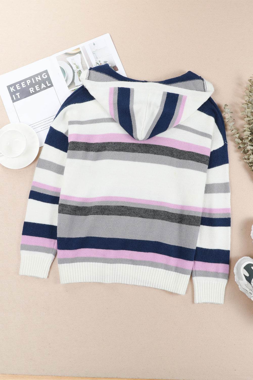 Plus Size Striped Long Sleeve Hooded Sweater - Delanoir