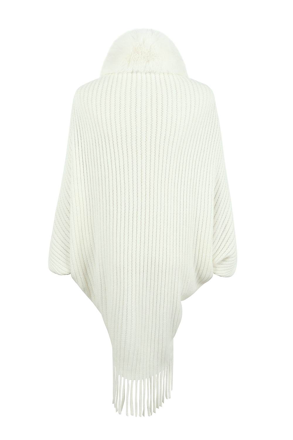 Fringe Detail Long Sleeve Ribbed Poncho - Delanoir