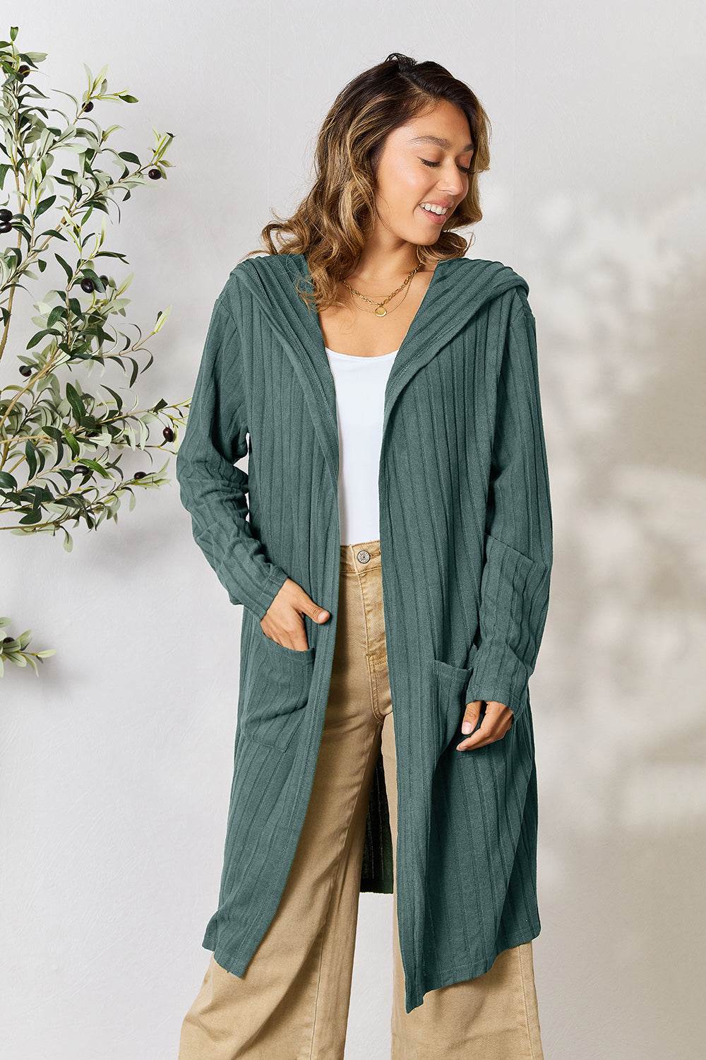 Basic Bae Full Size Hooded Sweater Cardigan - Delanoir