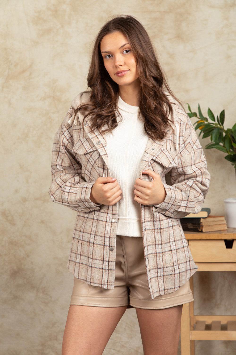 Drawstring Plaid Long Sleeve Hooded Jacket - Delanoir