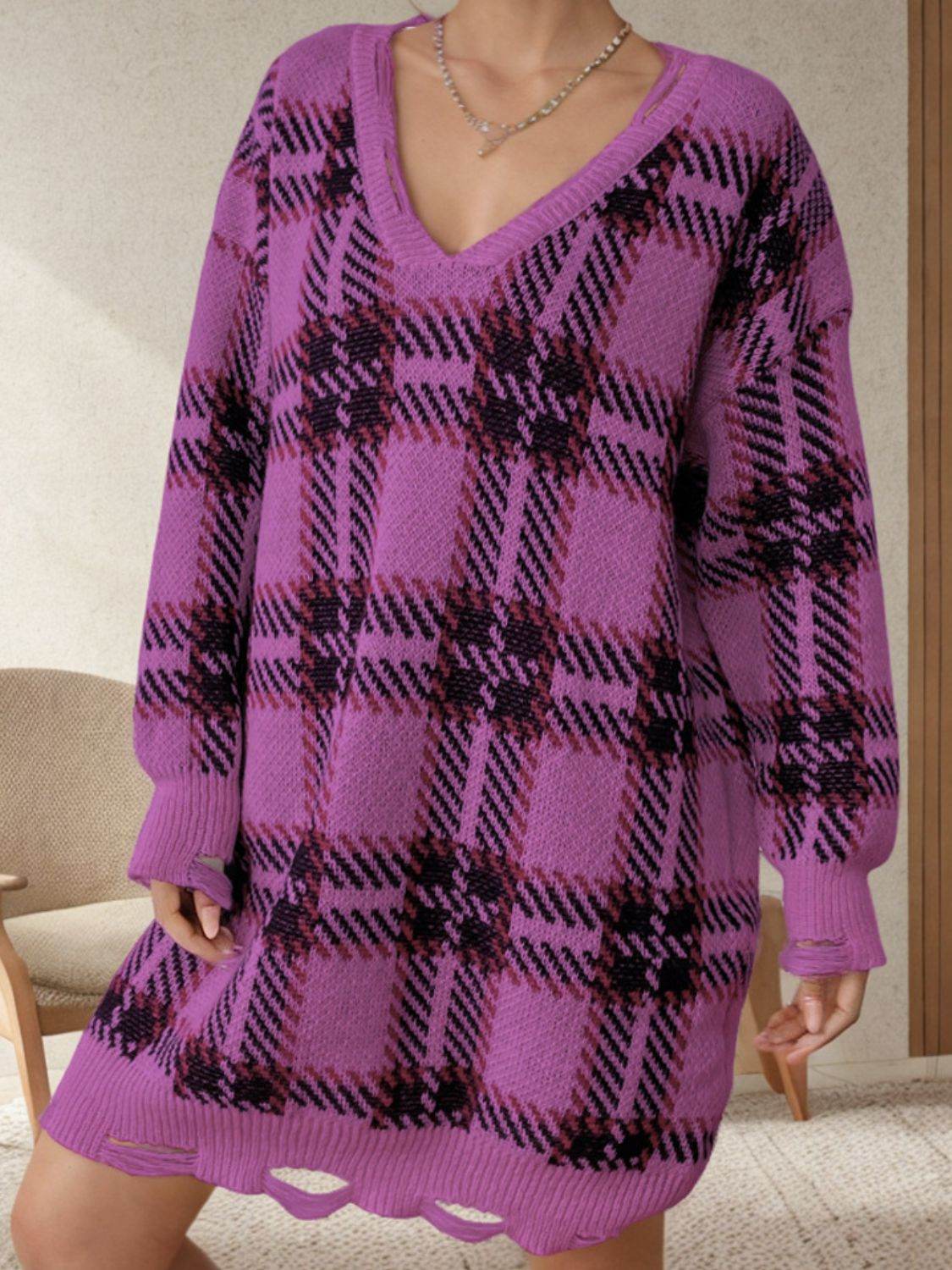 Distressed Plaid V-Neck Long Sleeve Sweater Dress - Delanoir