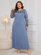 Honey Plus Size Printed Round Neck Long Sleeve Dress - Delanoir