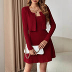 Ribbed Long Sleeve Cropped Cardigan and Cami Dress Set - Delanoir