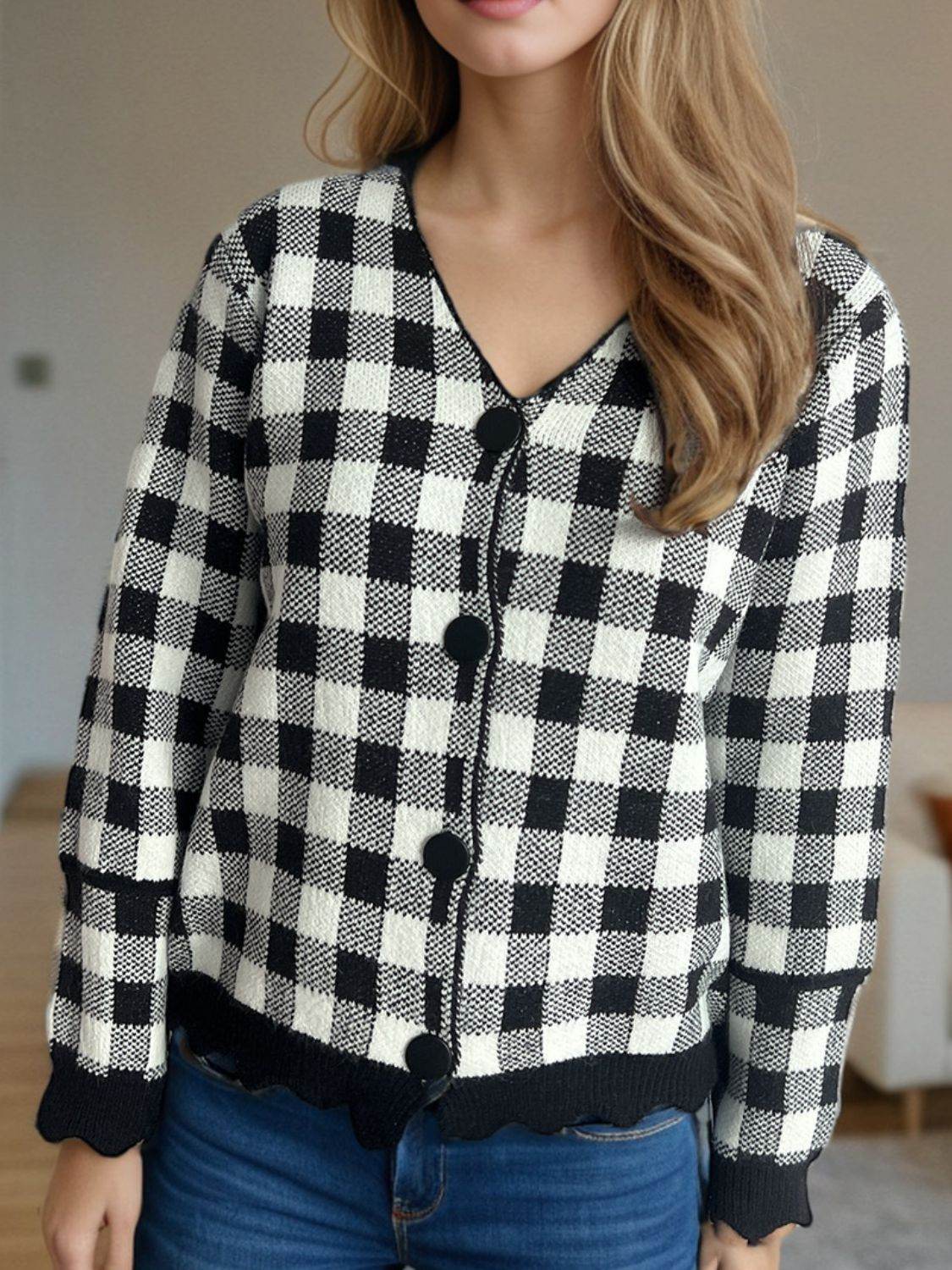 Plaid V-Neck Button Up Cardigan - Delanoir