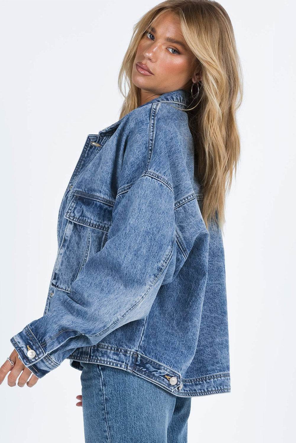 Collared Neck Button Up Denim Jacket - Delanoir
