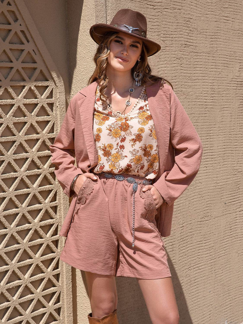 Lace Detail Collared Neck Long Sleeve Top and Shorts Set - Delanoir