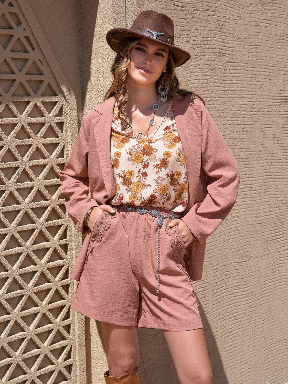 Lace Detail Collared Neck Long Sleeve Top and Shorts Set - Delanoir