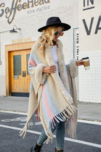 Color Block Fringe Detail Poncho - Delanoir