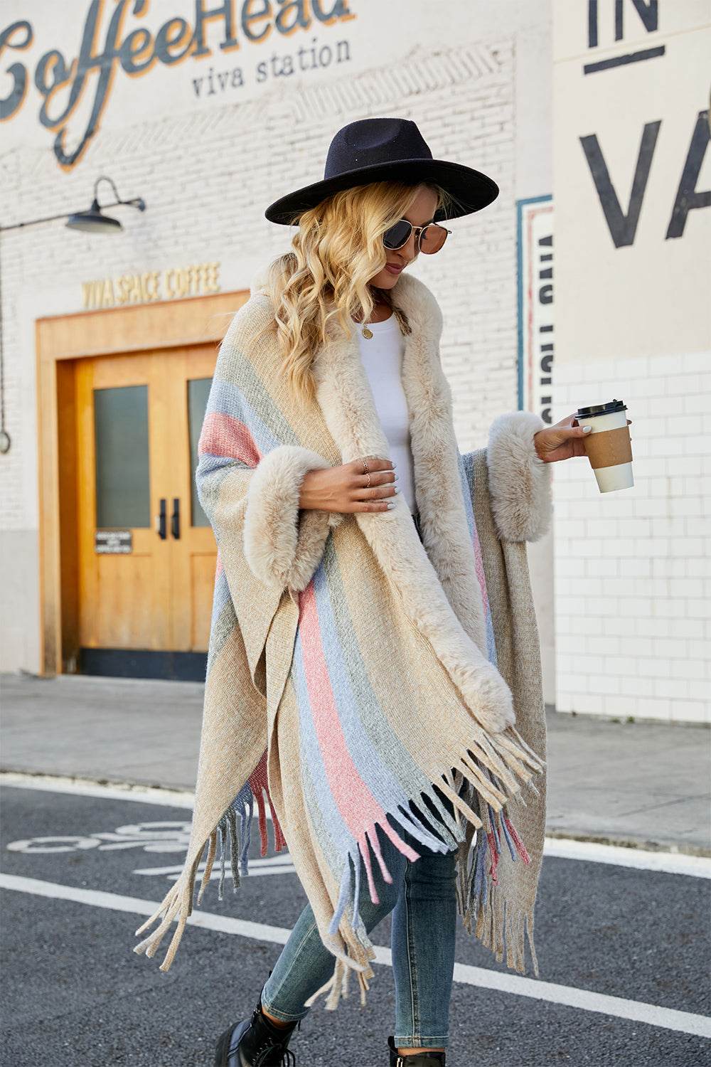 Color Block Fringe Detail Poncho - Delanoir