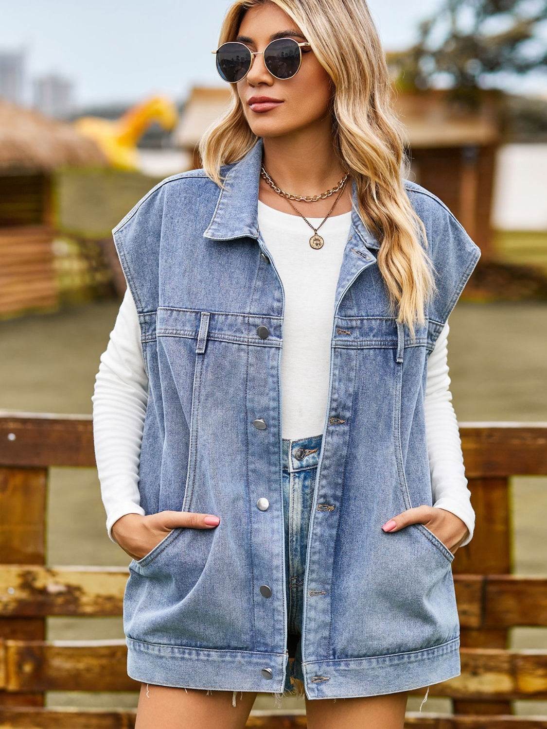 Button Up Collared Neck Sleeveless Denim Jacket - Delanoir