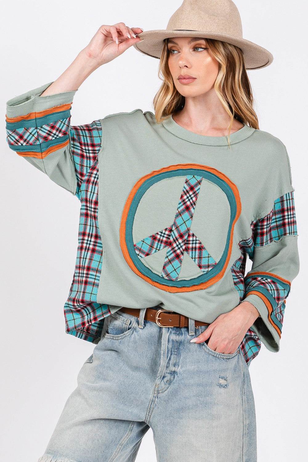 SAGE + FIG Peace Applique Patch Contrast Plaid Top - Delanoir