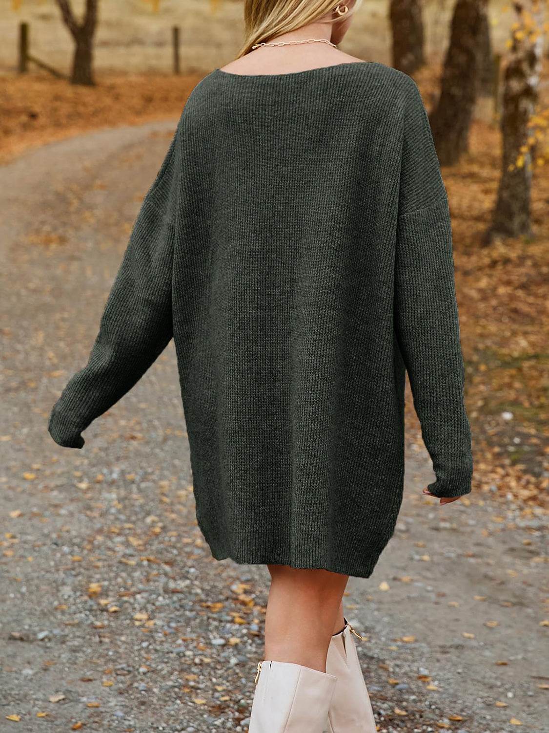 V-Neck Dropped Shoulder Sweater Dress - Delanoir