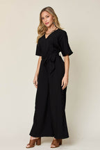 Double Take Full Size V-Neck Tied Side Slit Jumpsuit - Delanoir