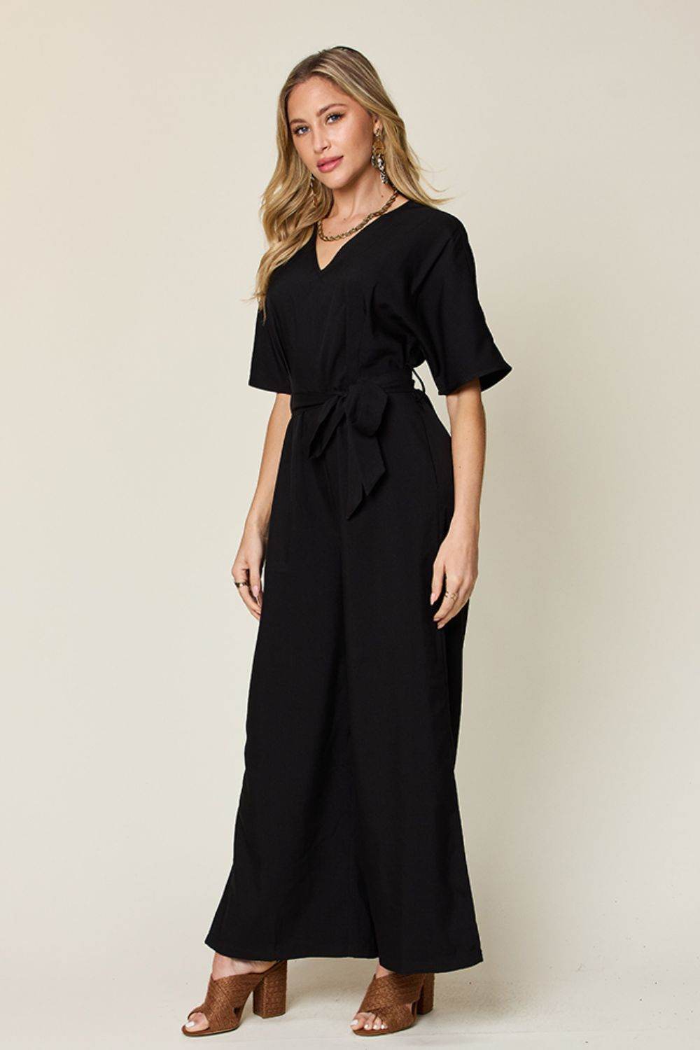 Double Take Full Size V-Neck Tied Side Slit Jumpsuit - Delanoir
