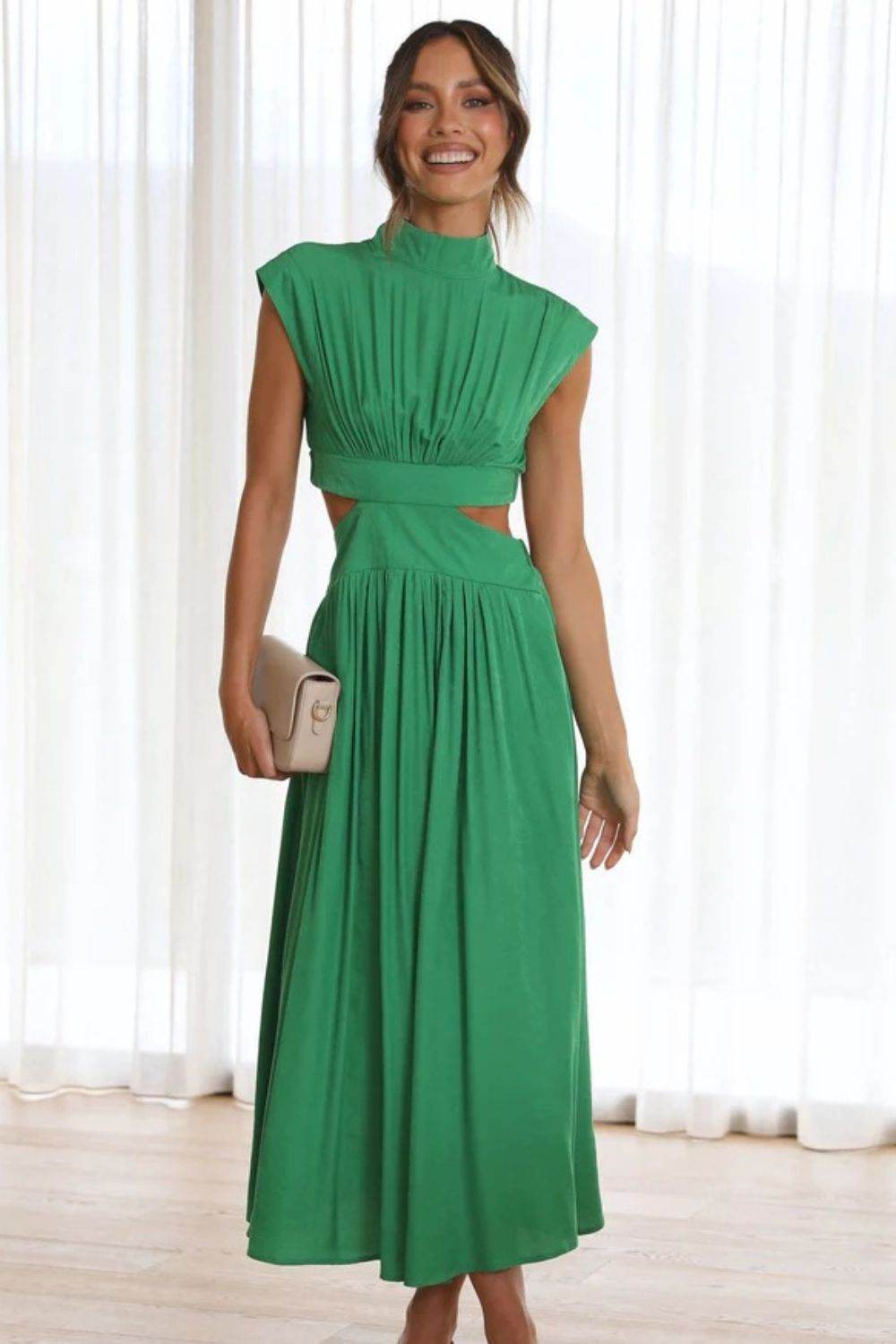Cutout Mock Neck Sleeveless Ruched Dress - Delanoir
