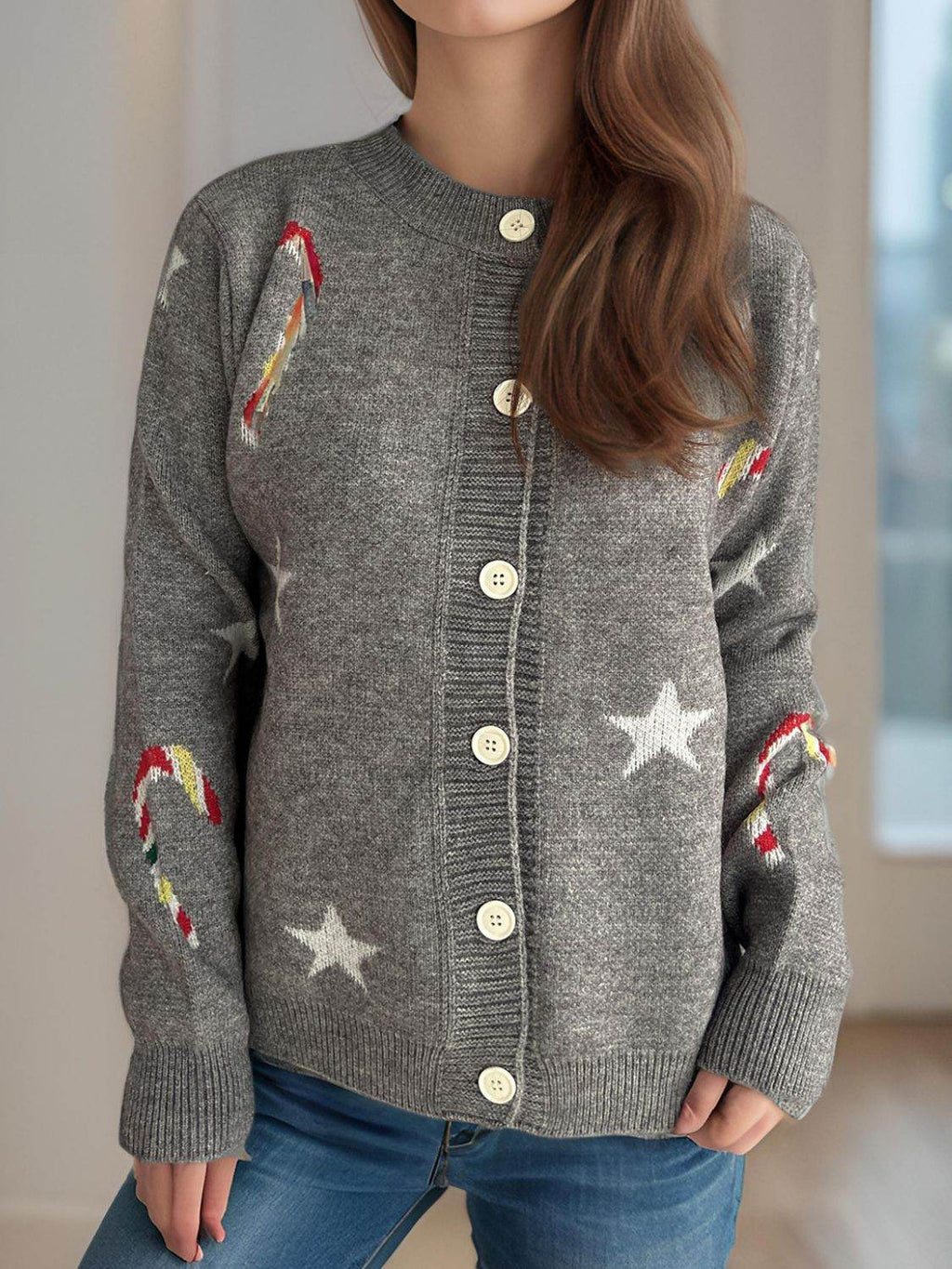 Candy Cane & Star Button Down Long Sleeve Cardigan - Delanoir