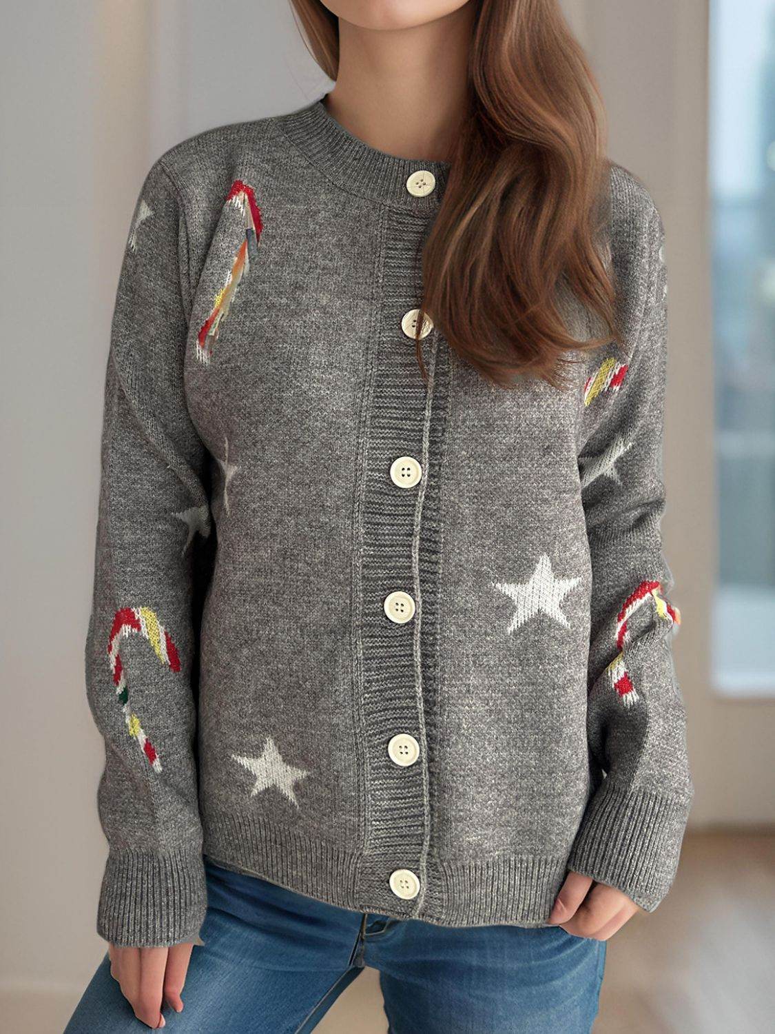 Candy Cane & Star Button Down Long Sleeve Cardigan - Delanoir