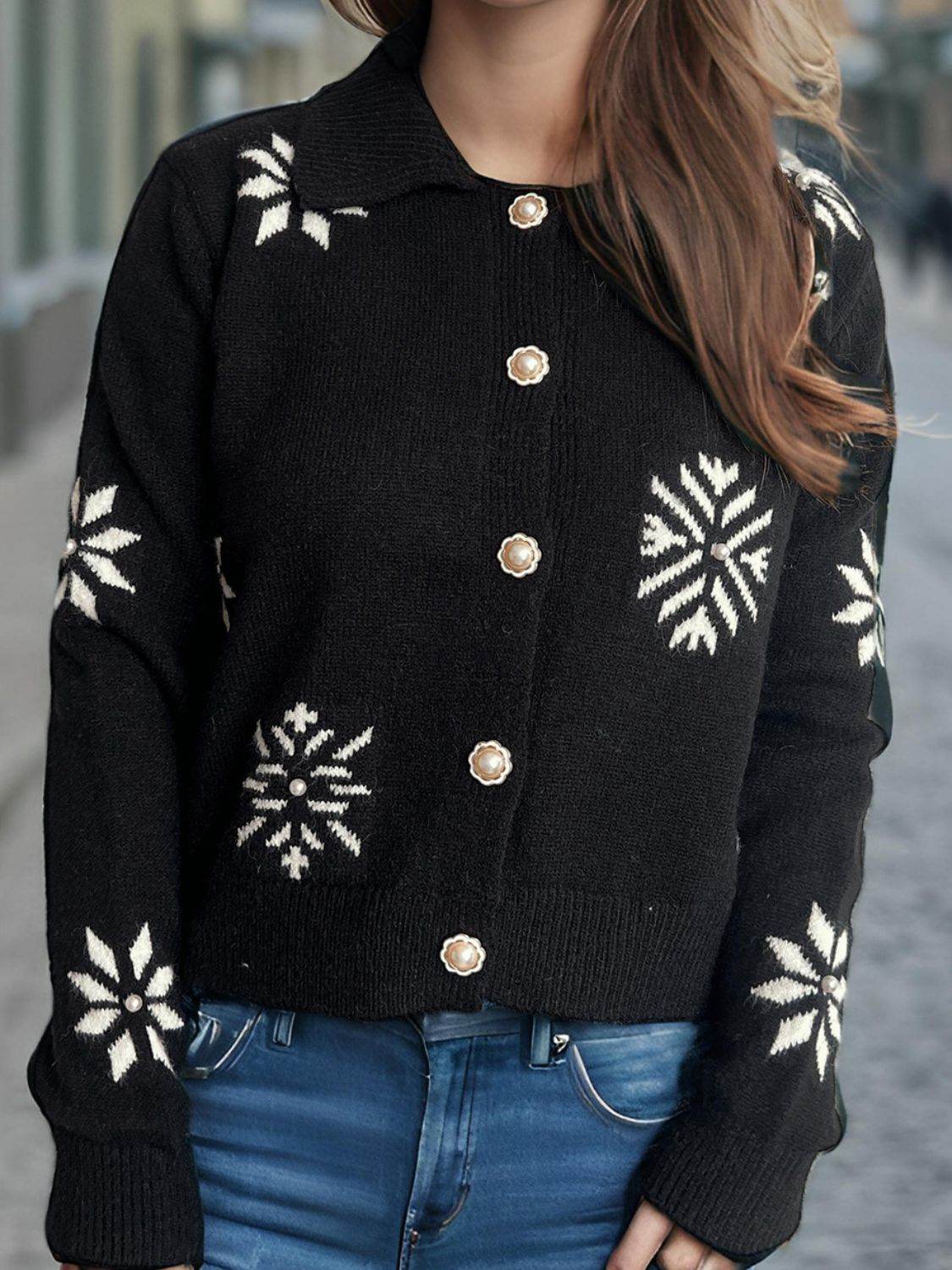 Pearl Trim Collared Neck Long Sleeve Cardigan - Delanoir