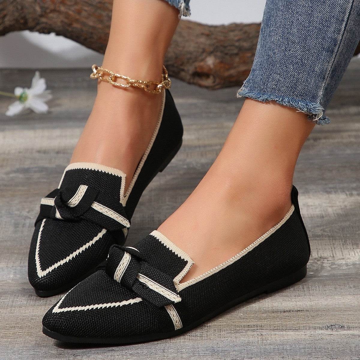Bow Contrast Trim Point Toe Loafers - Delanoir