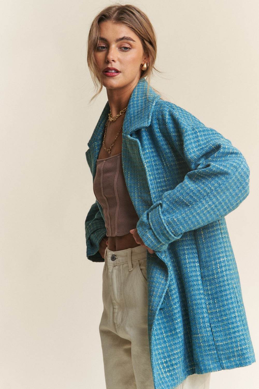 J.NNA Tweed Double-Breasted Long Sleeve Coat - Delanoir
