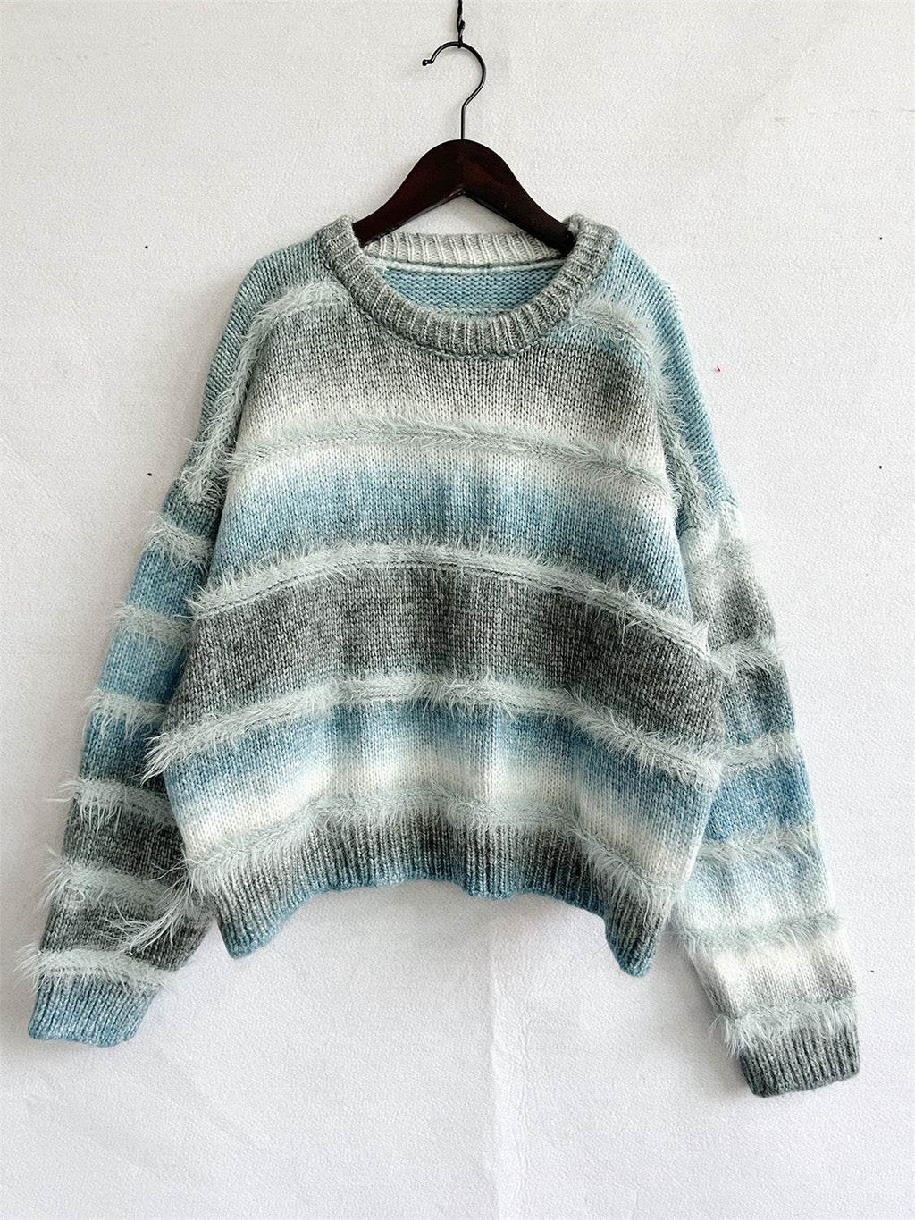 Striped Round Neck Long Sleeve Sweater - Delanoir