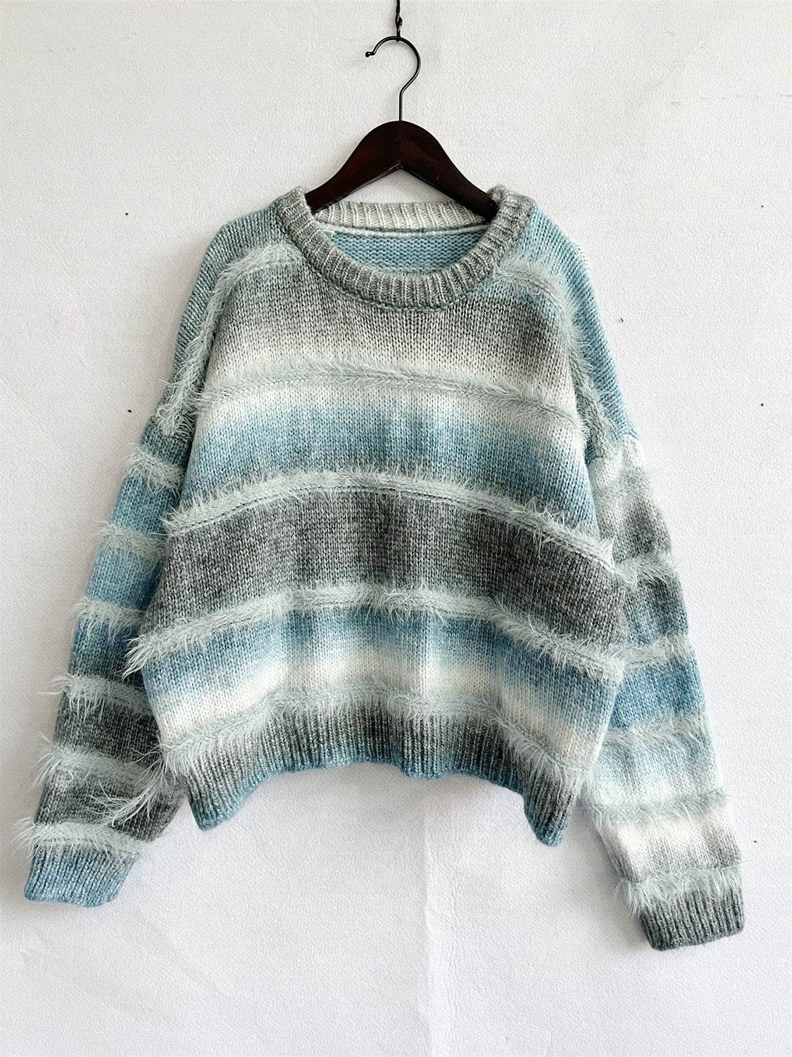 Striped Round Neck Long Sleeve Sweater - Delanoir