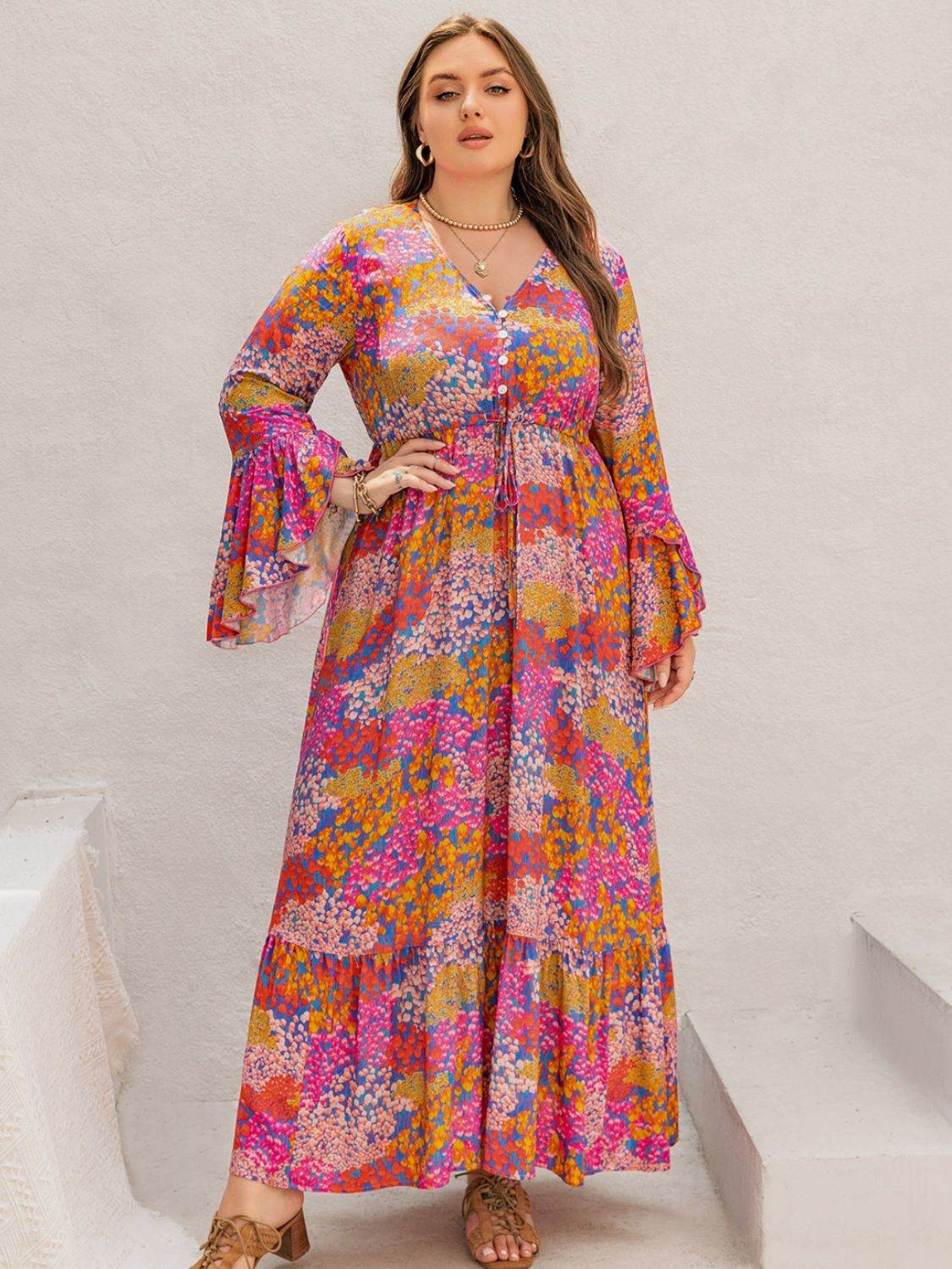 Plus Size Printed V-Neck Long Sleeve Maxi Dress - Delanoir