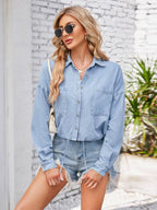 Button Up Long Sleeve Denim Jacket with Breast Pockets - Delanoir