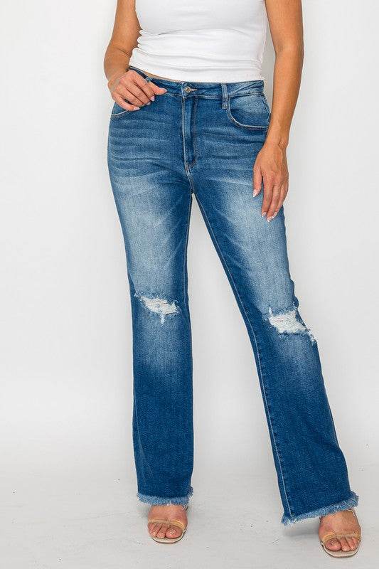 bytos Full Size Raw Hem Distressed High Rise Bootcut Jeans - Delanoir