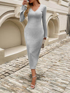 Devine Tied V-Neck Long Sleeve Sweater Dress - Delanoir