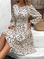Printed Round Neck Long Sleeve Dress - Delanoir