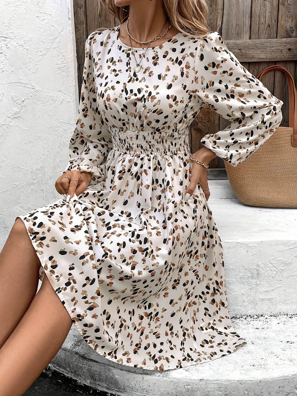 Printed Round Neck Long Sleeve Dress - Delanoir