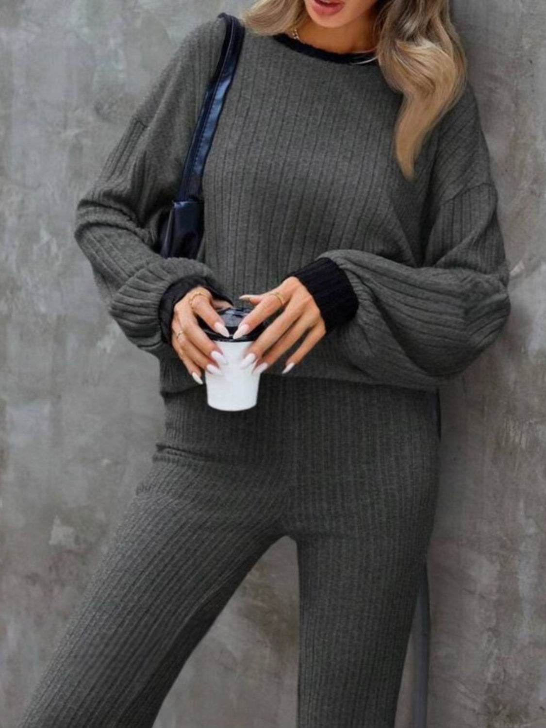 Contrast Round Neck Long Sleeve Top and Bootcut Pants Set - Delanoir