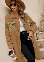 Collared Neck Long Sleeve Longline Teddy Jacket - Delanoir