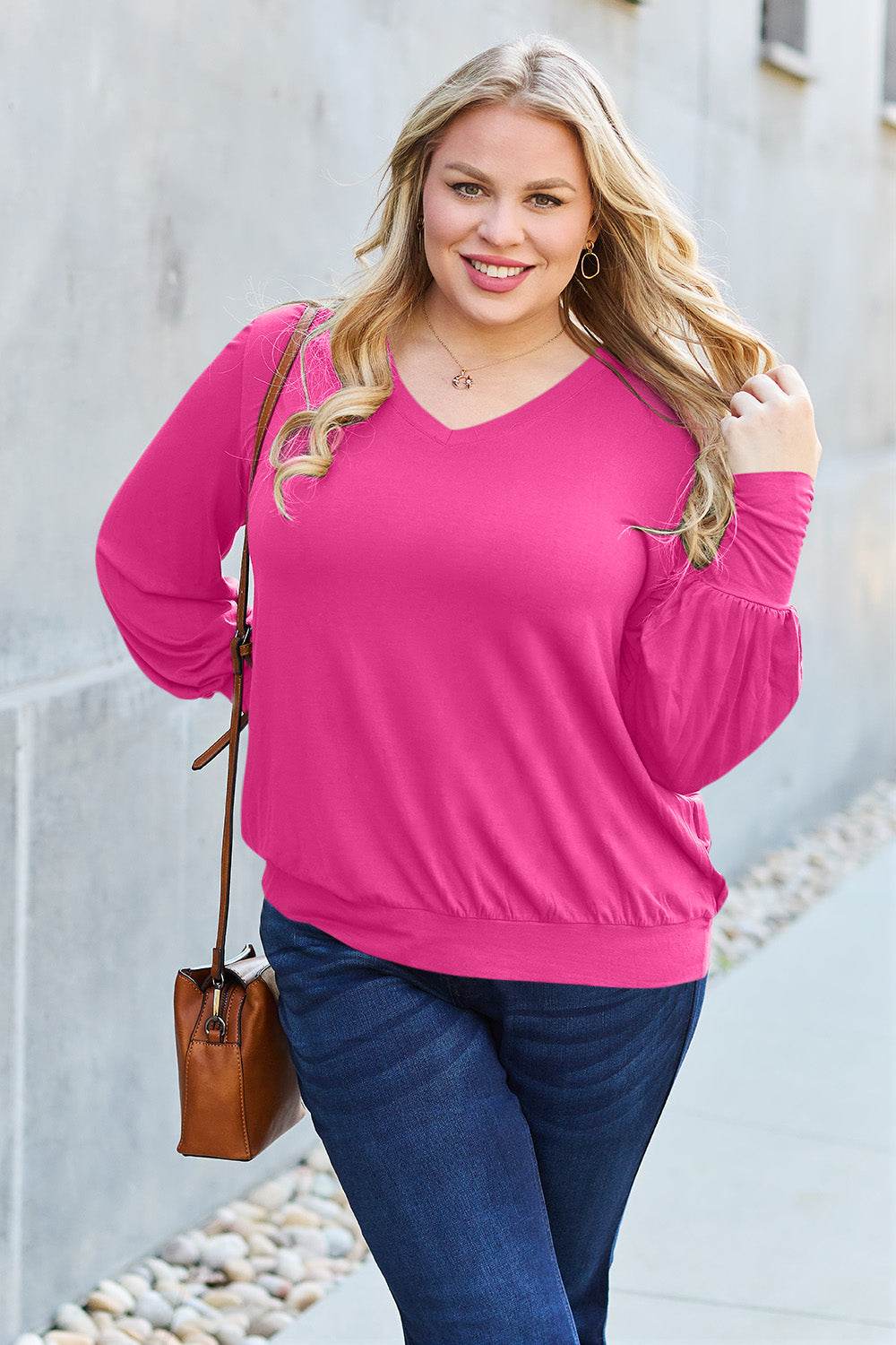 Basic Bae Full Size V-Neck Lantern Sleeve Top - Delanoir