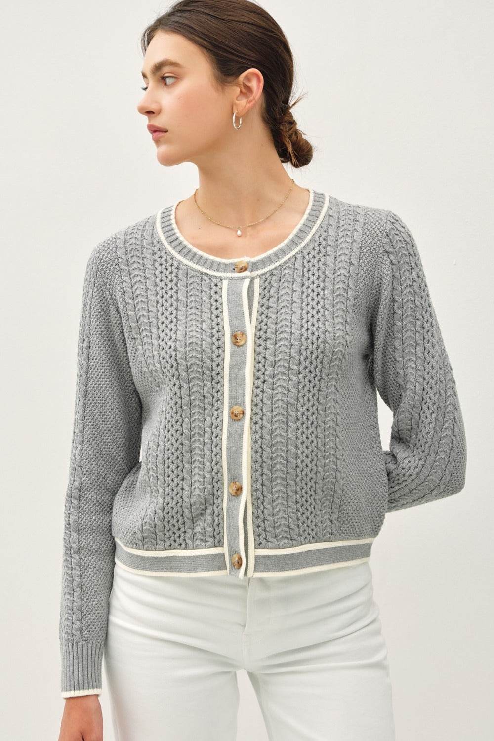 Be Cool Cable Knit Long Sleeve Contrast Edge Cardigan - Delanoir