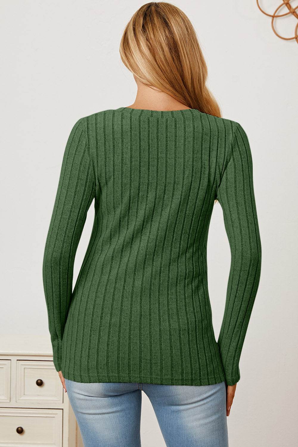 Basic Bae Full Size Ribbed V-Neck Long Sleeve T-Shirt - Delanoir
