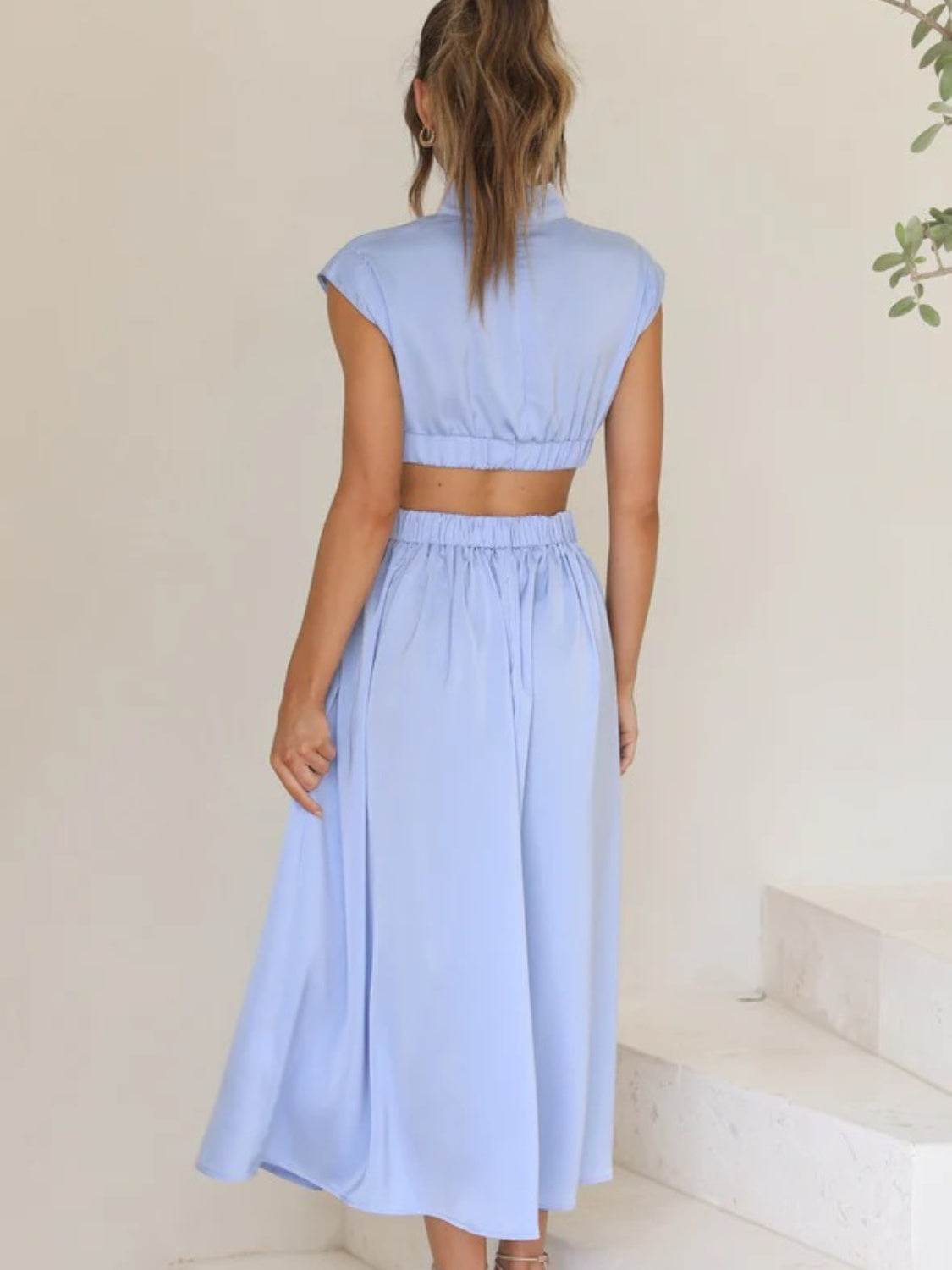 Cutout Mock Neck Sleeveless Ruched Dress - Delanoir
