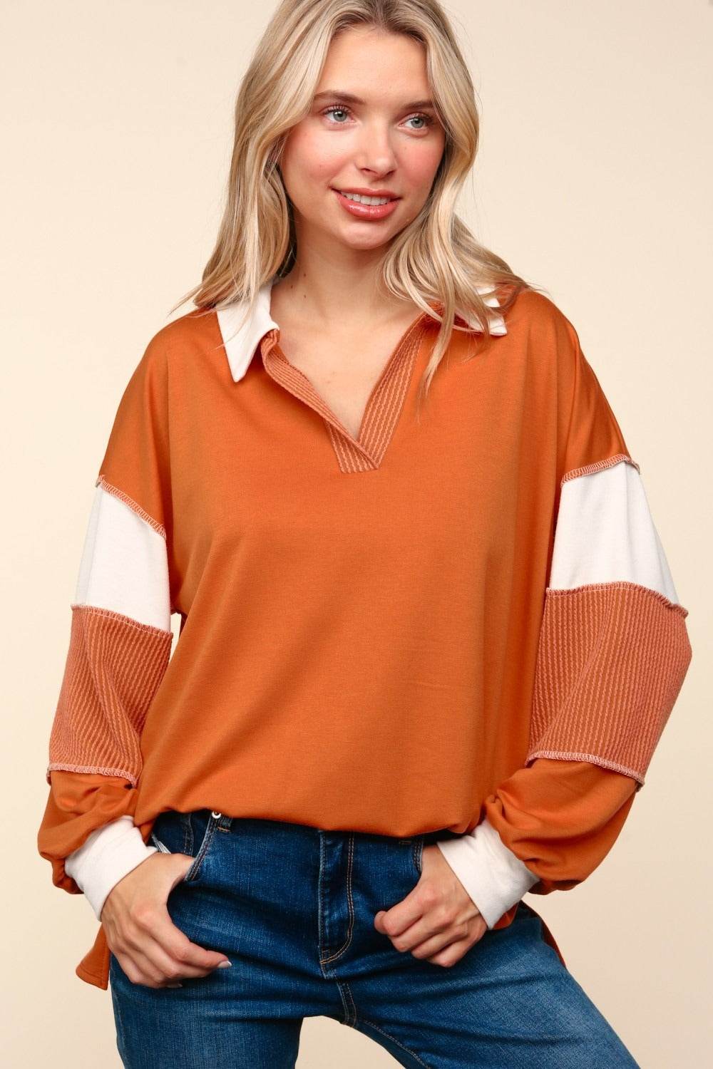 Haptics Color Block Exposed Seam Long Sleeve Top - Delanoir