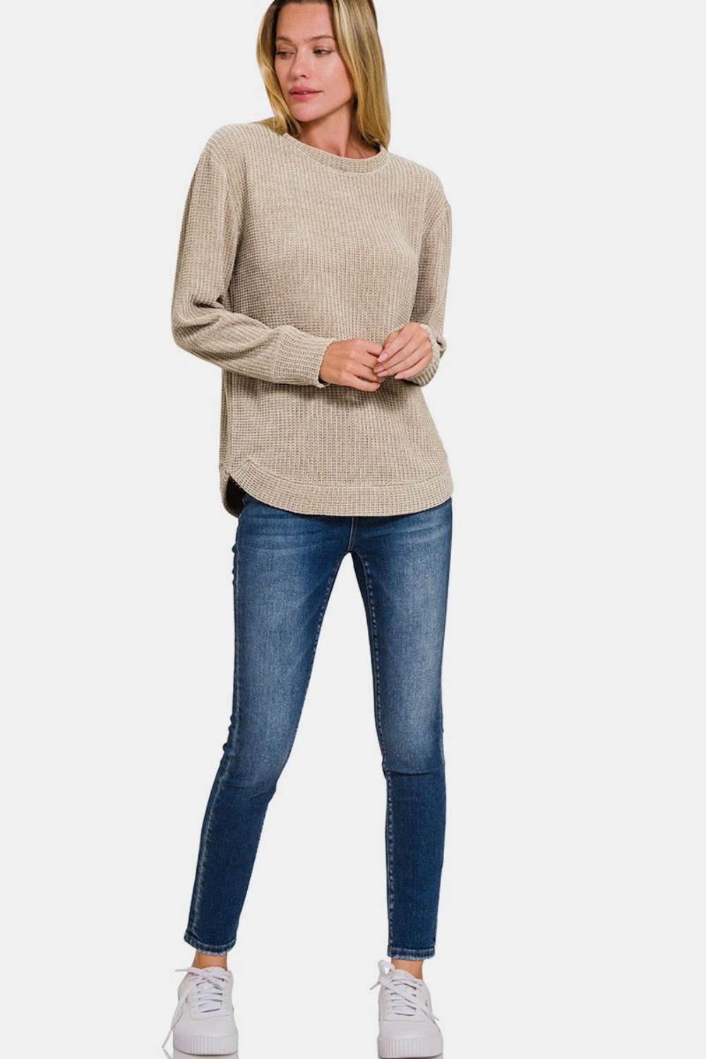 Zenana Chenille Waffle Round Neck Sweater - Delanoir