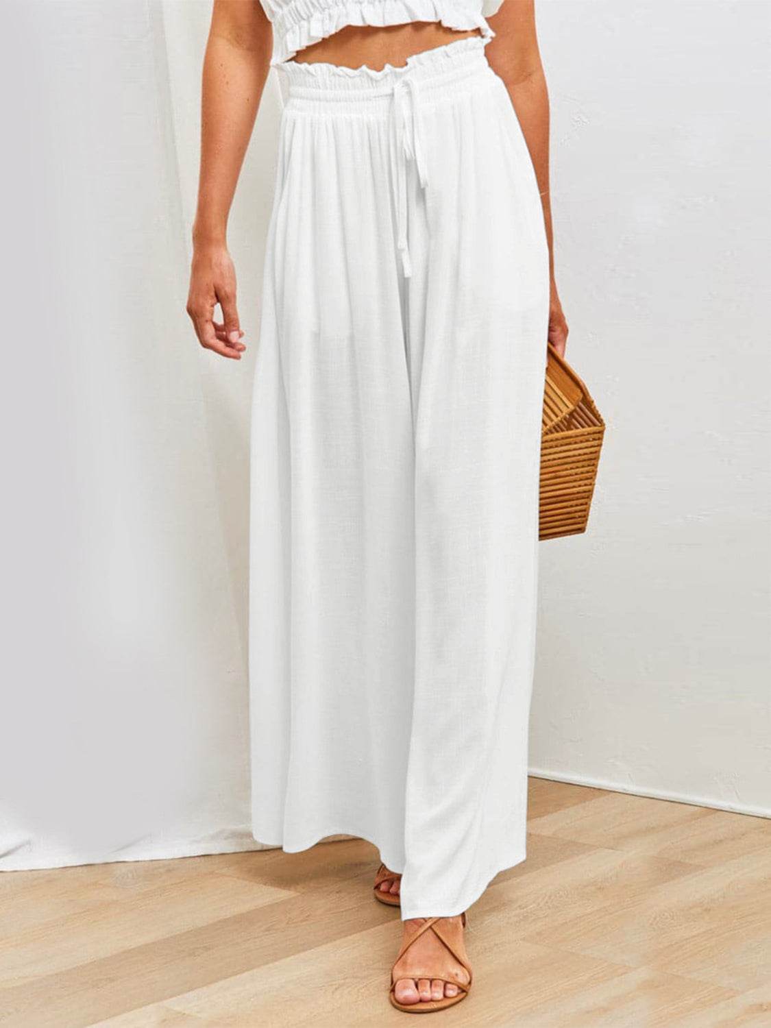 Drawstring Wide Leg Pants with Pockets - Delanoir