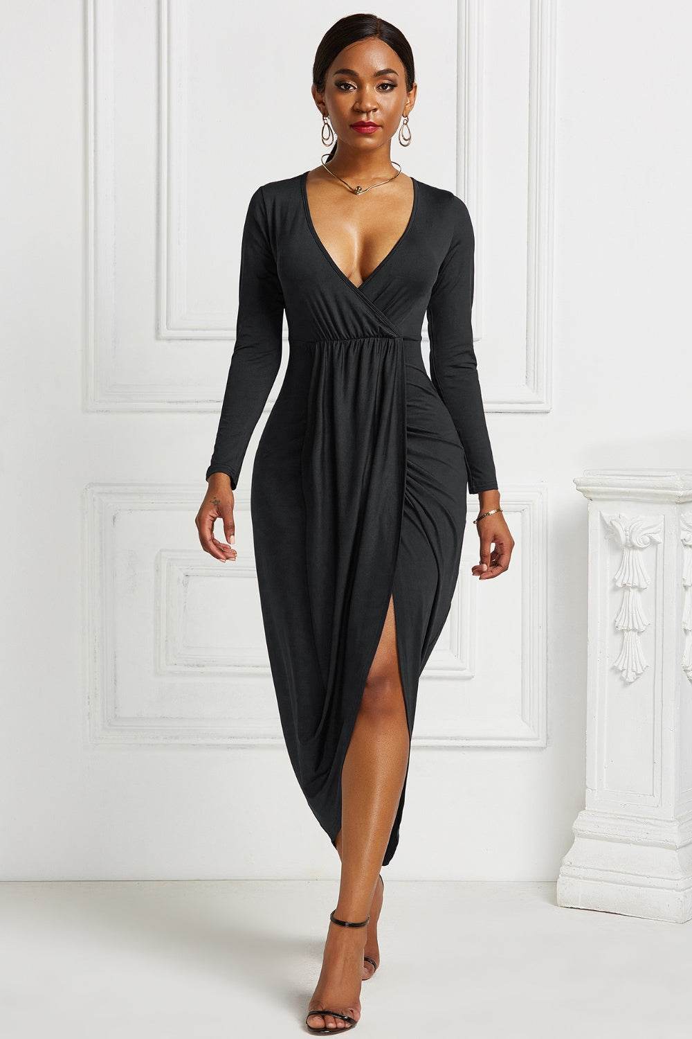 High-low Ruched Surplice Long Sleeve Dress - Delanoir