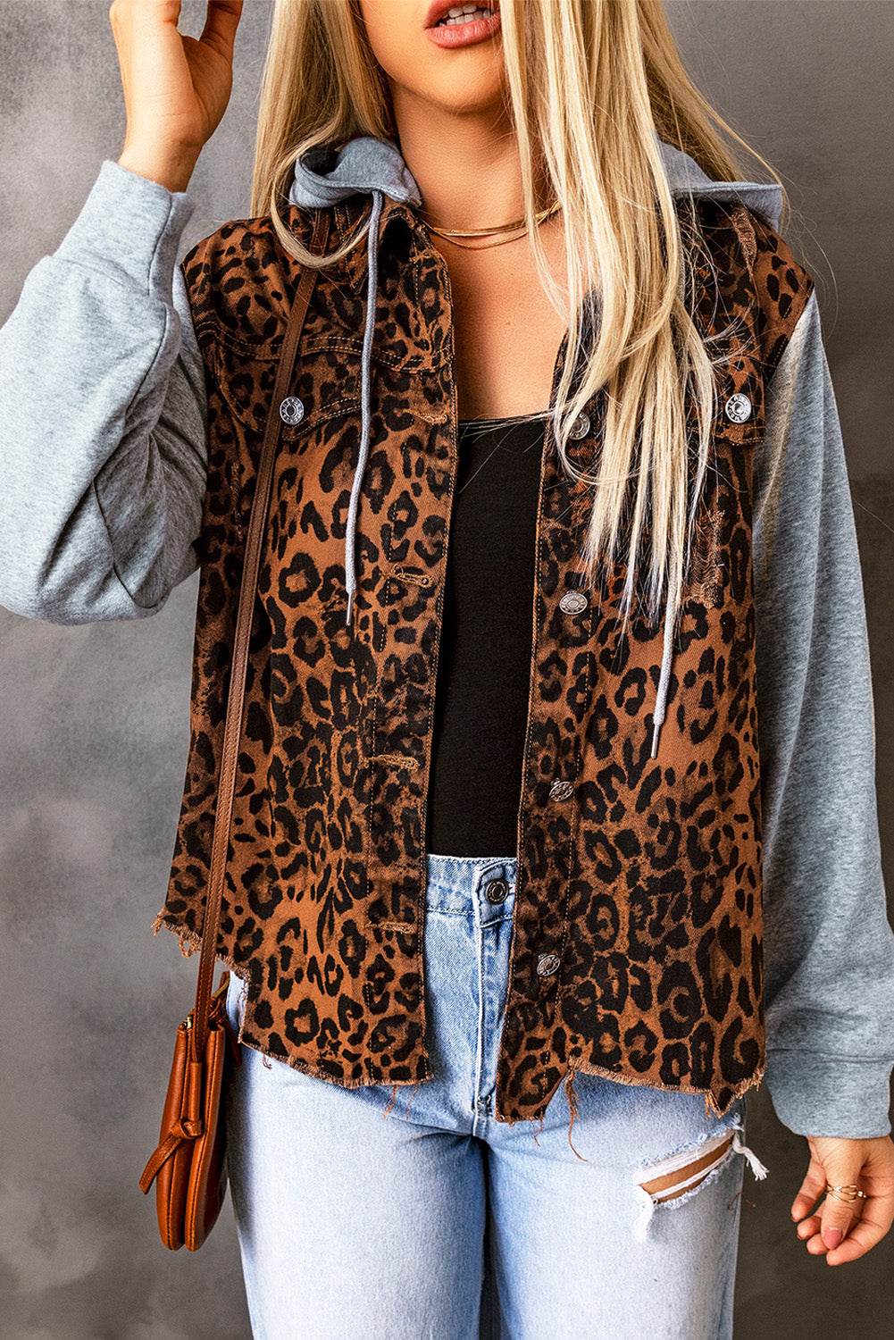 Leopard Distressed Drawstring Hooded Denim Jacket - Delanoir